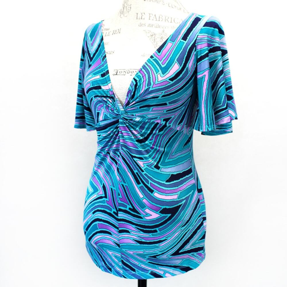 bebe vtg Y2K babydoll empire vest abstract blouse top psychedelic print Small